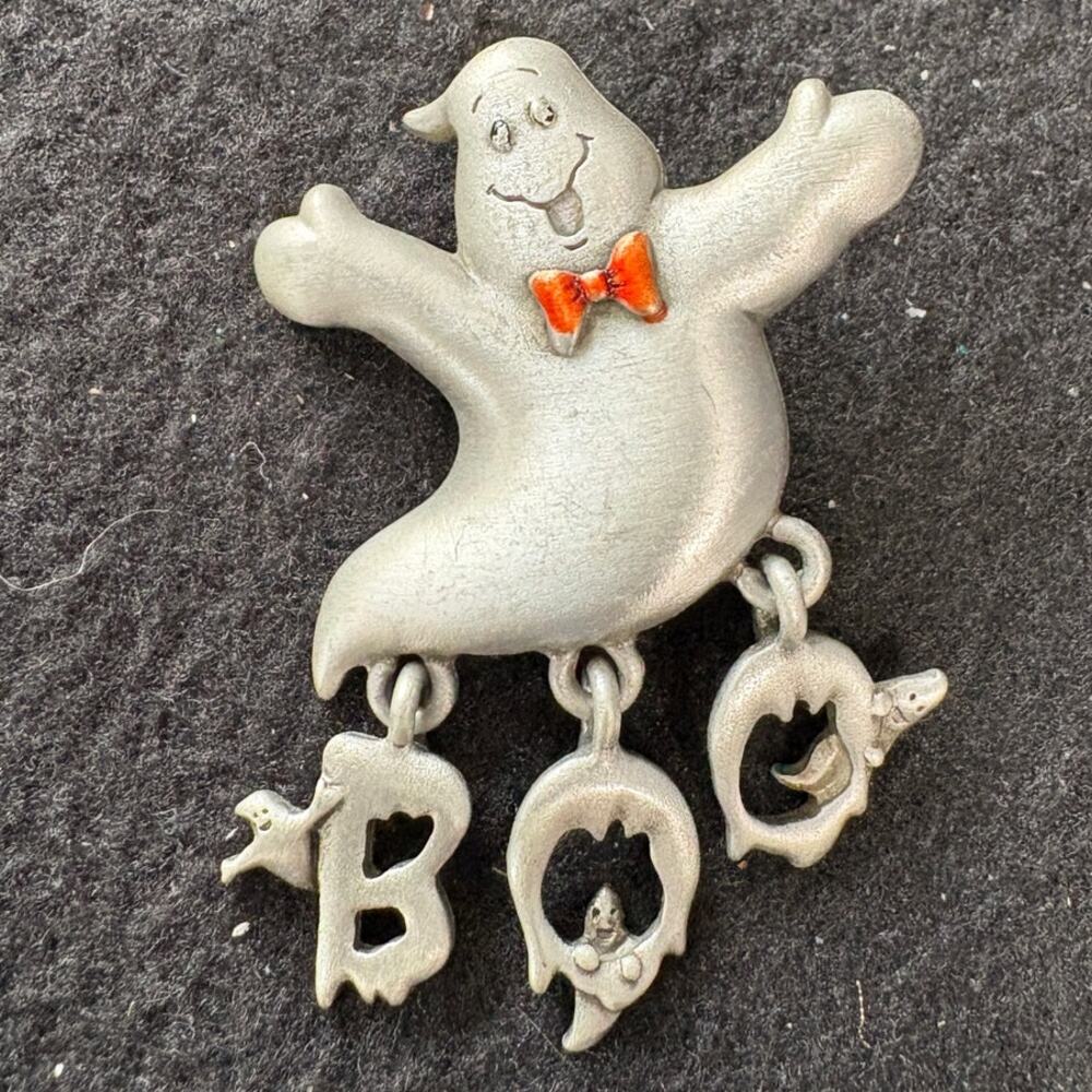 Vintage Spoontiques Halloween Ghost BOO Pewter Dangle Brooch Pin